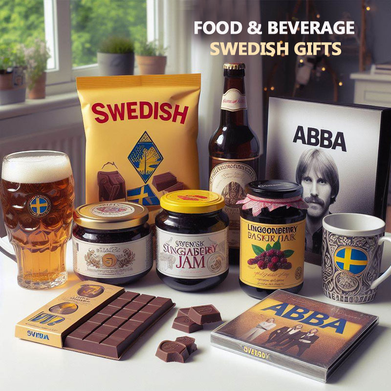 A Package of Swedish Food Items including Swedish Chocolate, Swedish Snus, Beer Glass, Swedish Coffee, Lingonberry Jam, Svensk Fisk, and ABBA Vinyl.