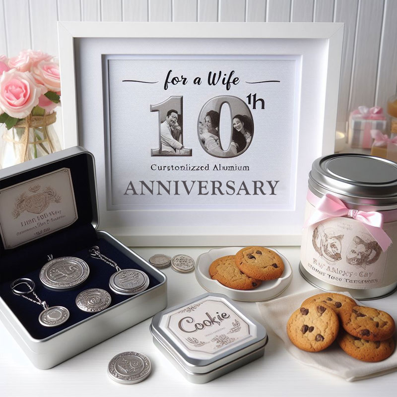 Gift items for wife for her 10th anniversary. The gift items are: customized aluminum jewelry, engraved tin picture frame, and personalized cookie tin jars.