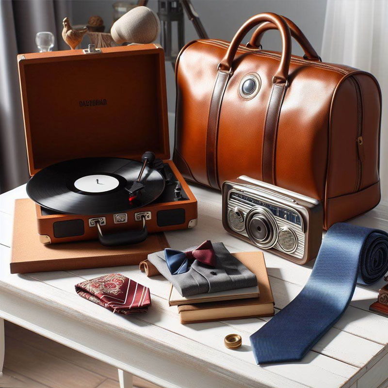 Vintage record player, luxury silk tie, leather duffel bag for weekend getaways