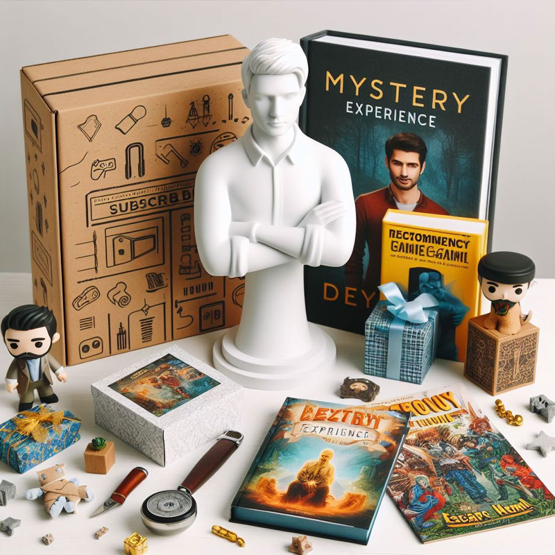 A white table with gifts like a subscription box for a unique hobby, customized 3D printed figurine of him, a personalized novel or book, mystery experience game or escape room at home kit, a quirky collection of comics or graphic novels