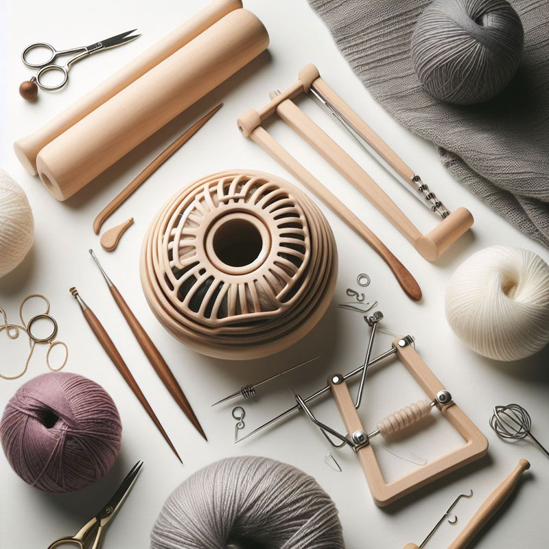 A selection of knitting gifts suitable for all skill levels, including a wooden yarn bowl, yarn swift and ball winder, knitting-themed jewelry, interchangeable needle set, and various knitting needle accessories.