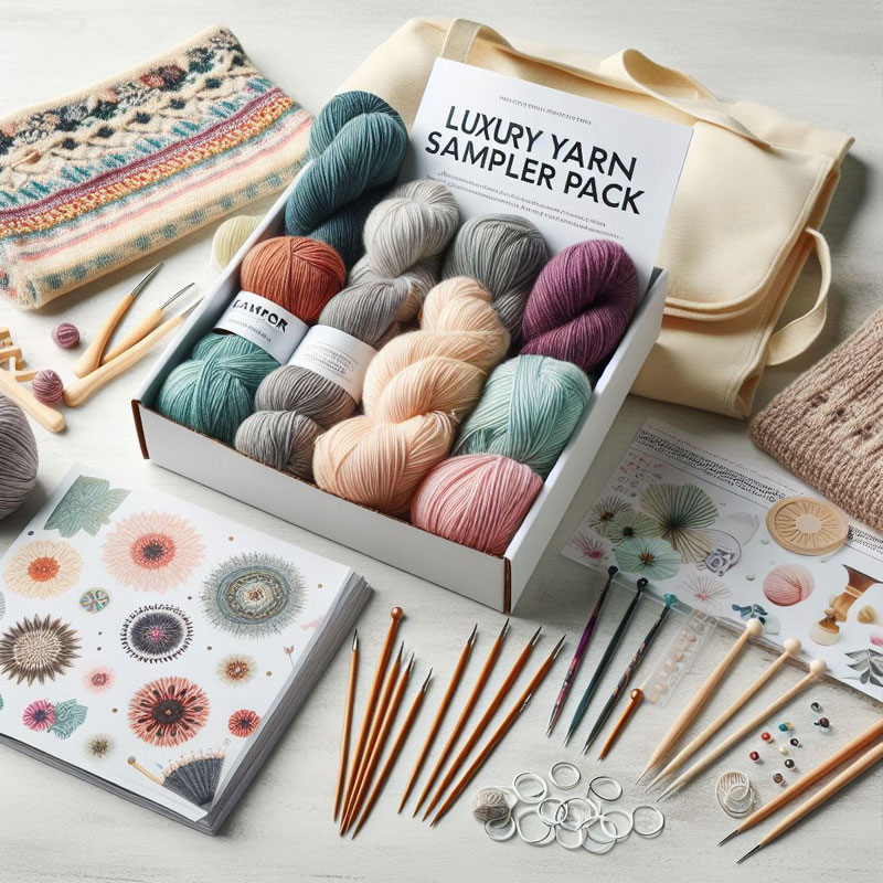 Beginner knitting essentials featuring a yarn sampler pack, ergonomic needles, pattern books, a tote bag, and stitch markers.
