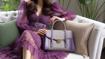 A woman wearing purple dress with a handbag