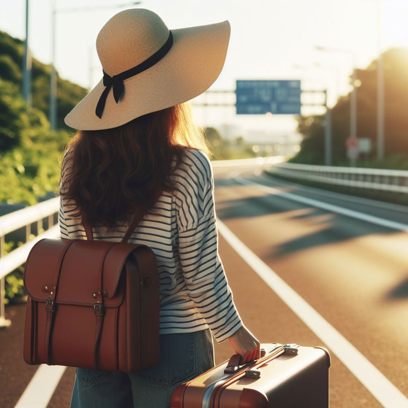 Woman traveler wearing a wide-brimmed hat and carrying luggage on the roadside