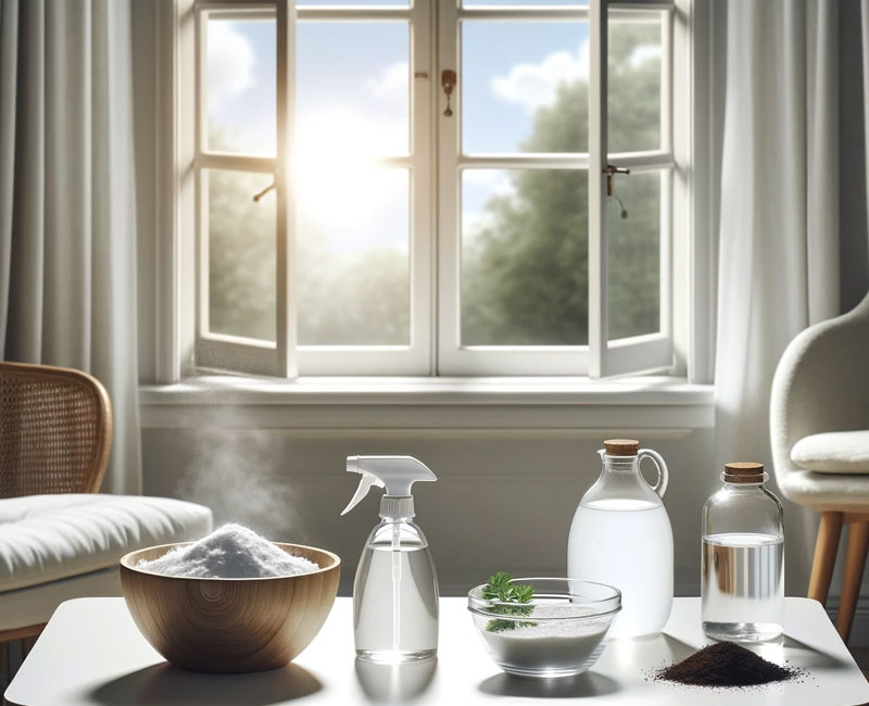A room with an open window, a white table with a spray bottle, a bowl of baking soda, a bottle of white vinegar, and a glass bowl of coffee grounds for neutralizing perfume smell.